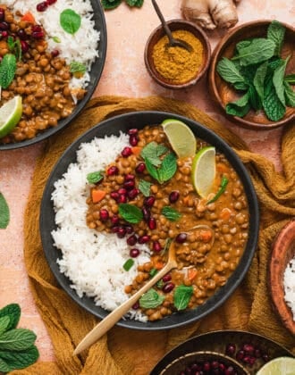 A bowl filled with rice and a lentil curry recipe, garnished with pomegranate seeds, mint leaves and lime wedges.