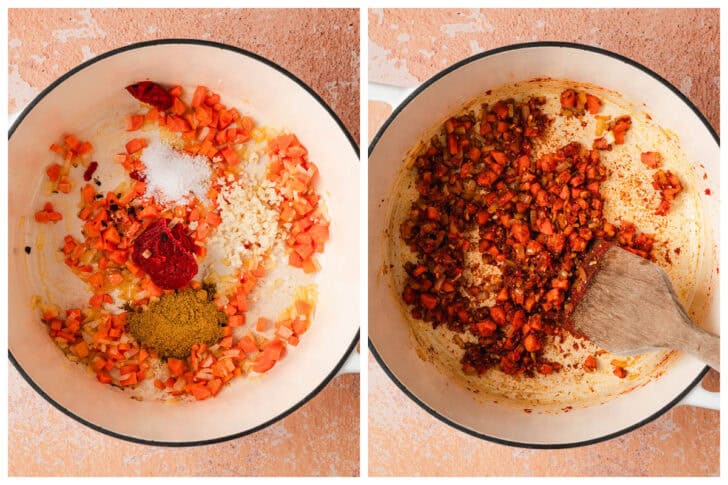 Two photos showing vegetables, tomato paste and spices being sauteed in a white Dutch oven.