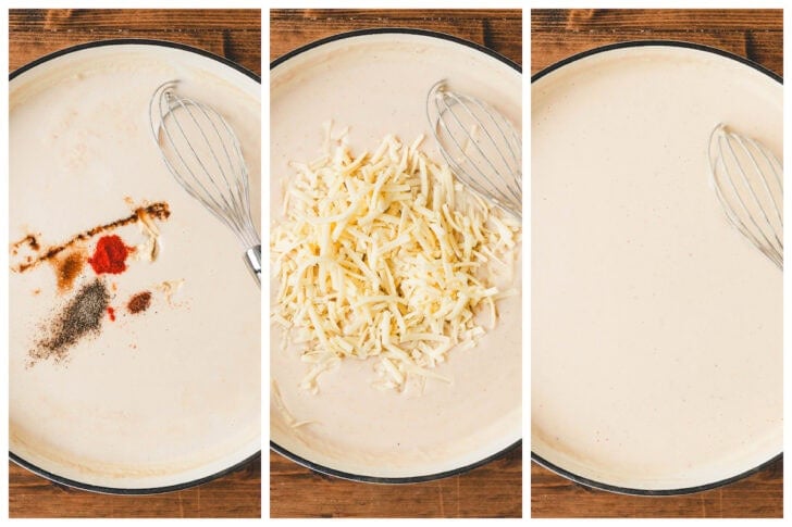 Three images showing the process of adding spices and cheese to a cream sauce in a white skillet.