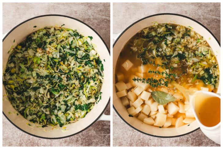 Two images showing cabbage and leeks being sauteed in a white pot, and then broth and herbs being added.