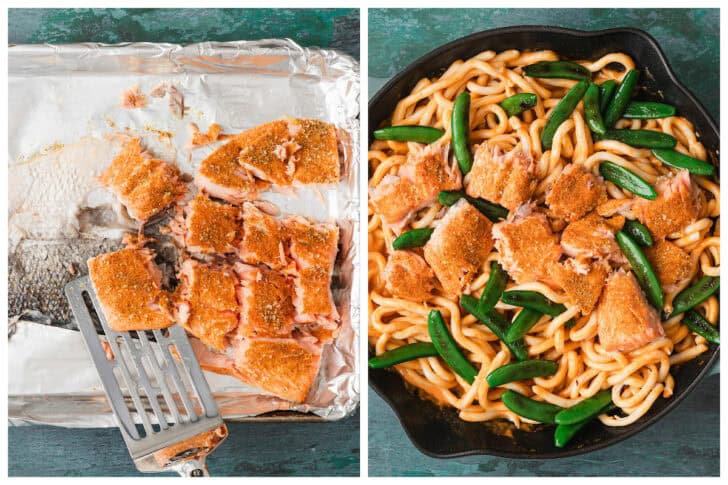 Two photos showing salmon being broken into pieces and placed over udon noodles in a skillet.