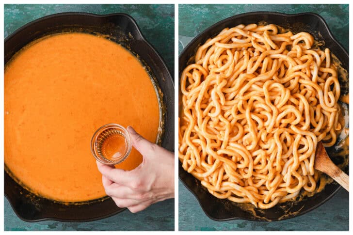 Two photos showing the process of finishing a curry sauce and tossing udon noodles with it.