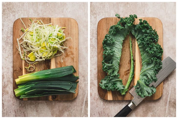 Two photos showing how to slice leeks and how to cut the center rib out of kale.