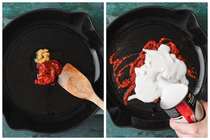 Two photos showing the process of adding curry paste and coconut milk to a skillet.