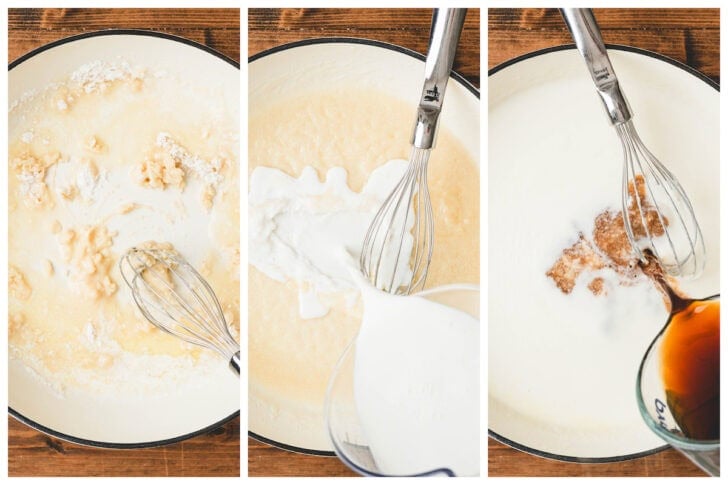 Three images showing the process of building a roux, then adding milk and beer in a white skillet.