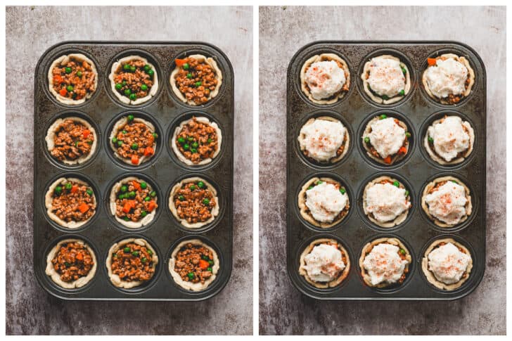 Two photos showing the process of assembling a mini shepherd's pie recipe in a muffin tin.