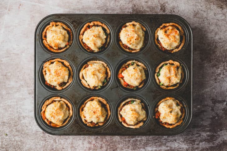 Mini shepherd's pot pie portions in a muffin cup.