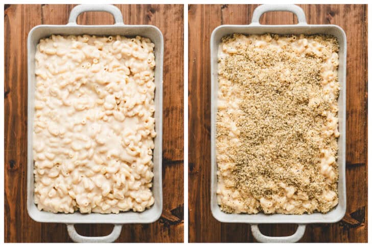 Two images showing Irish mac and cheese in a baking dish, before and after topping with breadcrumbs.