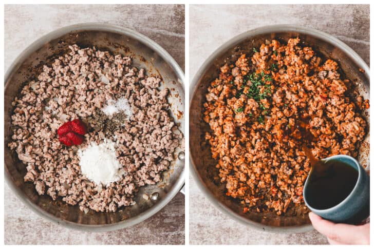 Two photos showing the process of cooking ground meat in a skillet, then adding dry and liquid ingredients to it to make it saucy.