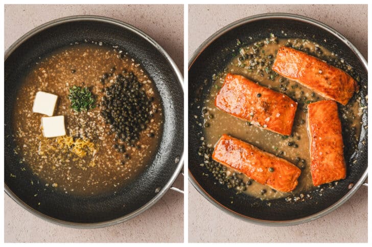 Two photos showing a piccata sauce being finished with butter, and salmon added to the skillet.