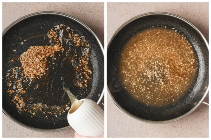 Two photos showing a garlic and wine sauce being made in a skillet.