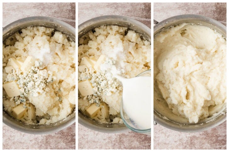 Three photos showing blue cheese and milk being stirred in to mashed potatoes.