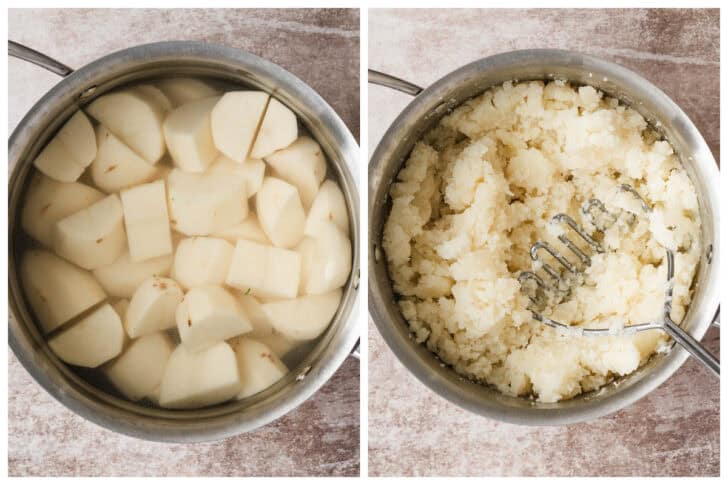 Two images showing potatoes being boiled and mashed in a pot.
