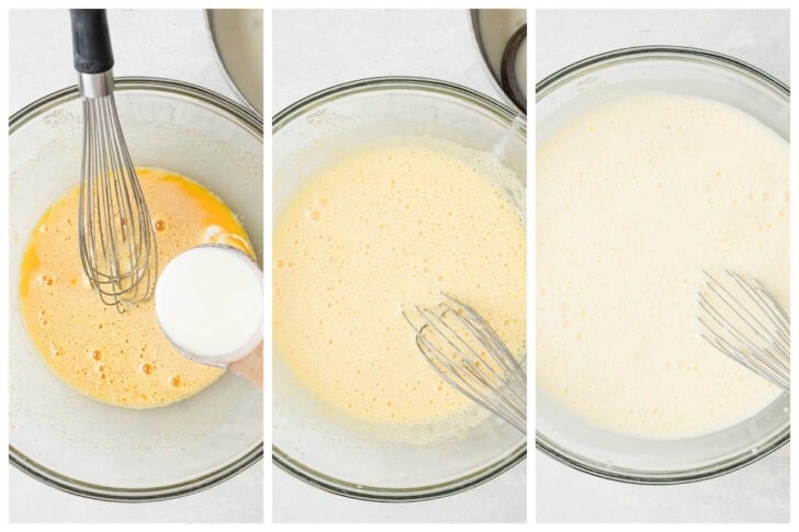 Three images showing the process of tempering a custard mixture with warm cream, in a glass bowl.