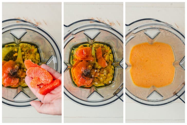A series of three images showing the ingredients for citrus salad dressing being added to a blender and then blended.