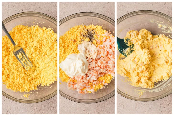 A series of three images showing how to make the filling for seafood deviled eggs.