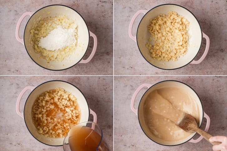 A series of four photos showing flour being added to sauteed onions, and then broth being added.