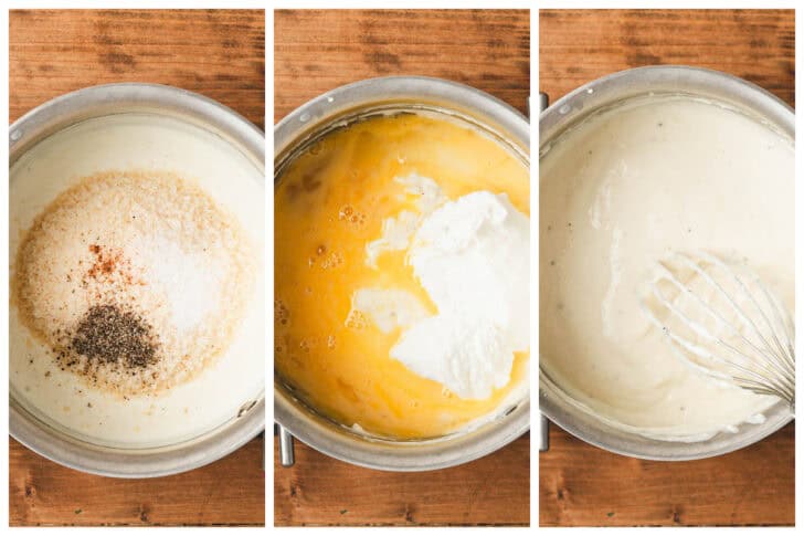 Three photos showing the process of adding spices, then eggs and yogurt to a pot of bechamel sauce.