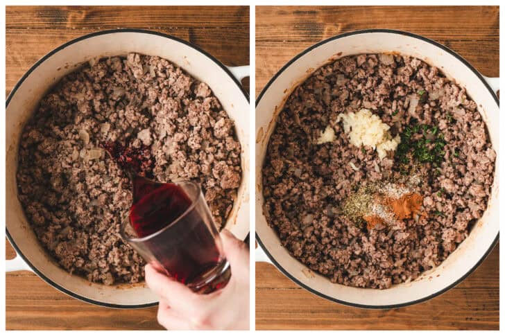 Two photos showing the process of adding wine, then garlic, herbs and spices to a pot of cooked ground meat.