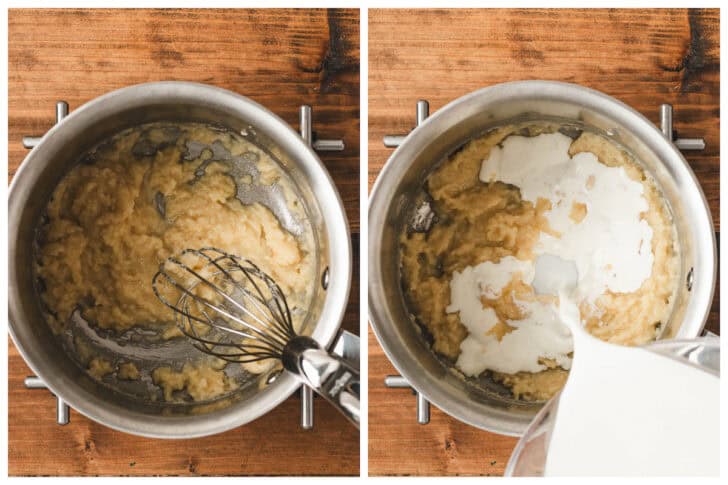 Two photos showing the process of making a roux, and then adding milk to make a bechamel, in a metal pot.