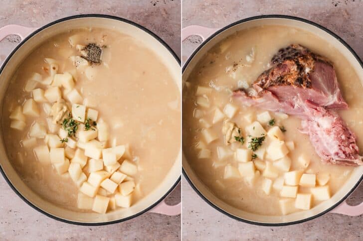 Two photos showing ham bone potato soup before and after the bone is added.
