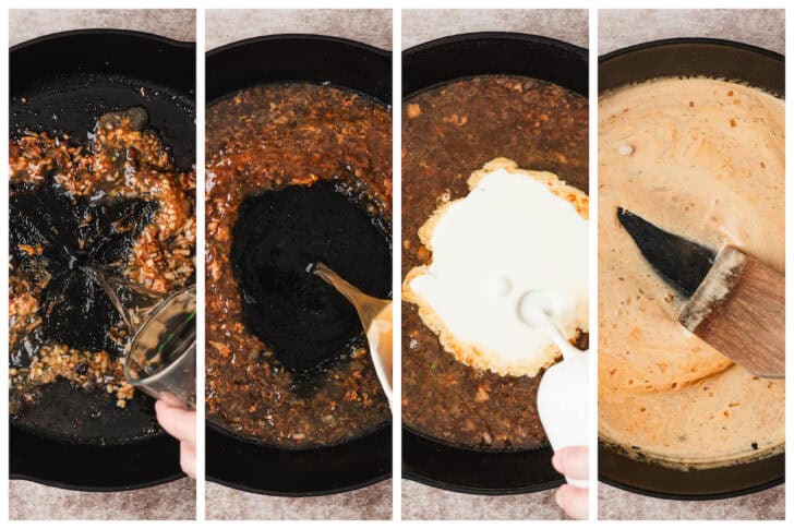 Four images showing the process of making a pan sauce for a herb crusted loin of pork.