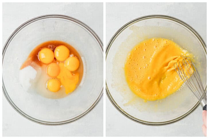 Two images showing egg yolks, vanilla and sugar in a glass bowl, before and after whisking.