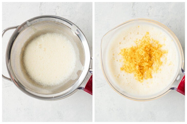 Two images showing a custard being strained, and then lemon zest added to it.