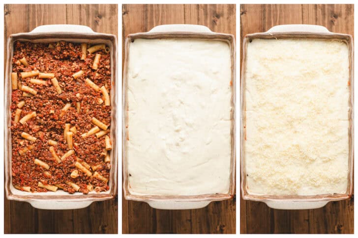 Three photos showing the process of adding the layers for a pastitsio recipe to a baking dish.