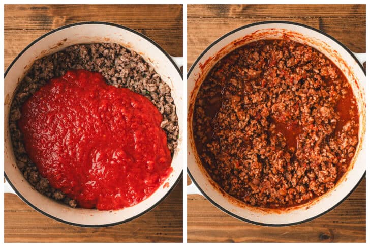 Two photos showing the process of adding canned tomatoes to cooked ground meat in a pot.
