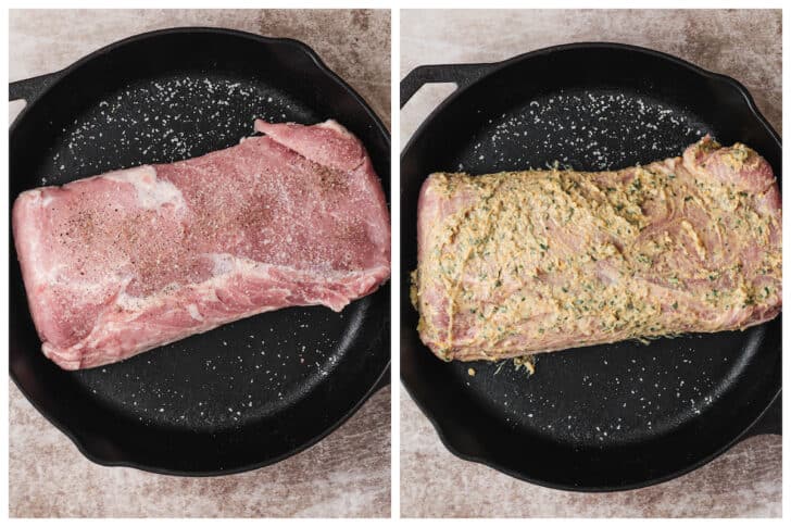 Two photos showing a herb crusted pork loin before and after adding the crust rub.