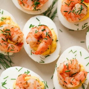 Shrimp deviled eggs on a light background.