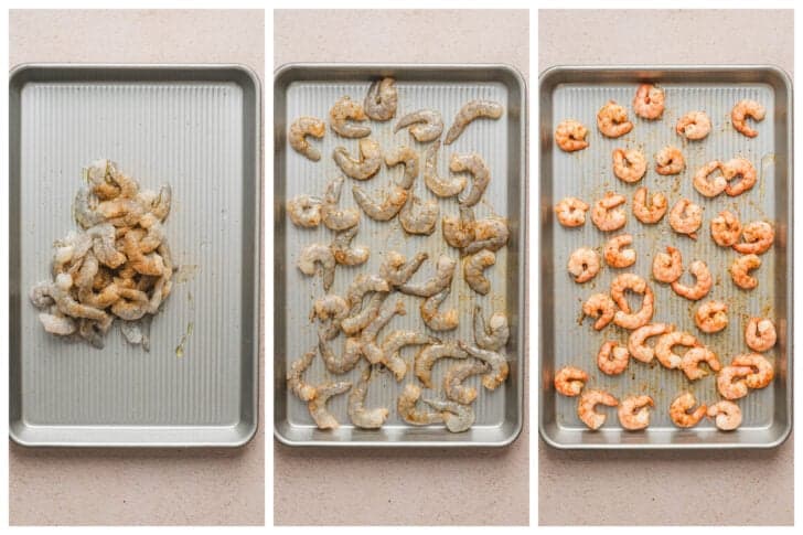 A series of three images showing shrimp being tossed with oil and spices and roasted.