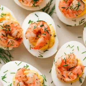 Shrimp deviled eggs on a light background.