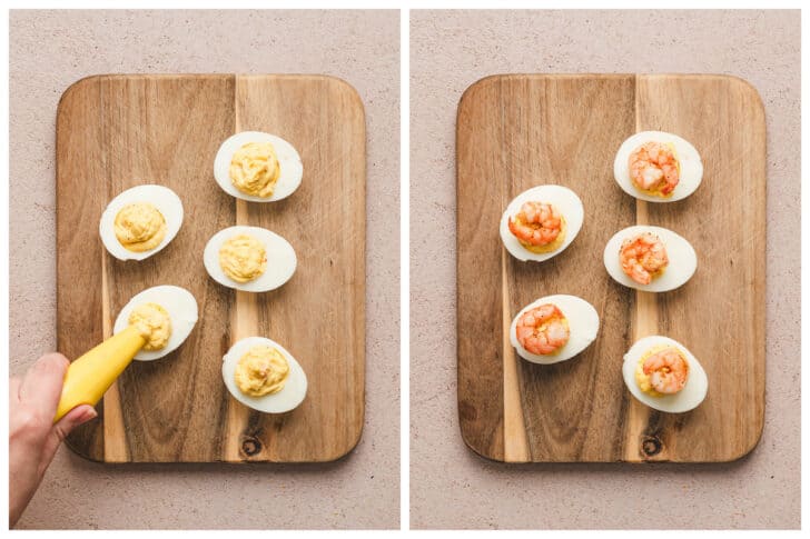 Two images showing a shrimp deviled eggs recipe being piped and garnished.