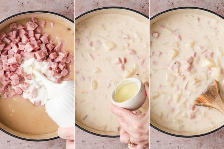 Three photos showing the process of finishing a potato soup recipe with ham and cream and pickle juice.