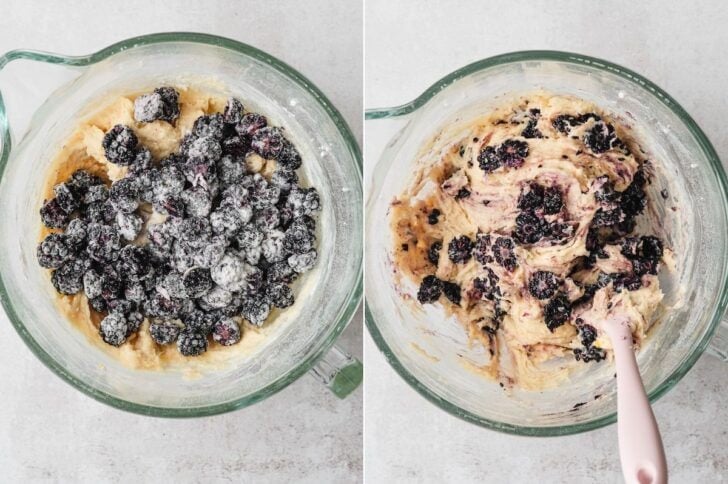 Two photos showing the process of folding blackberries into muffin batter.