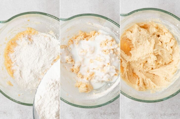 Three photos showing the process of adding dry and liquid ingredients to a muffin batter.