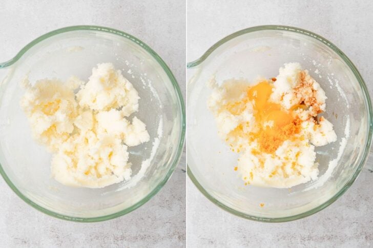 Two photos showing the process of creaming a batter and adding eggs to it.