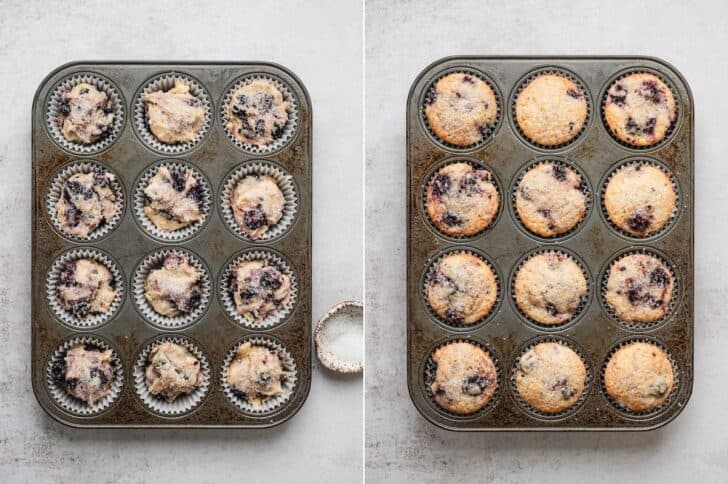 Two photos showing blackberry muffins from scratch, before and after baking.