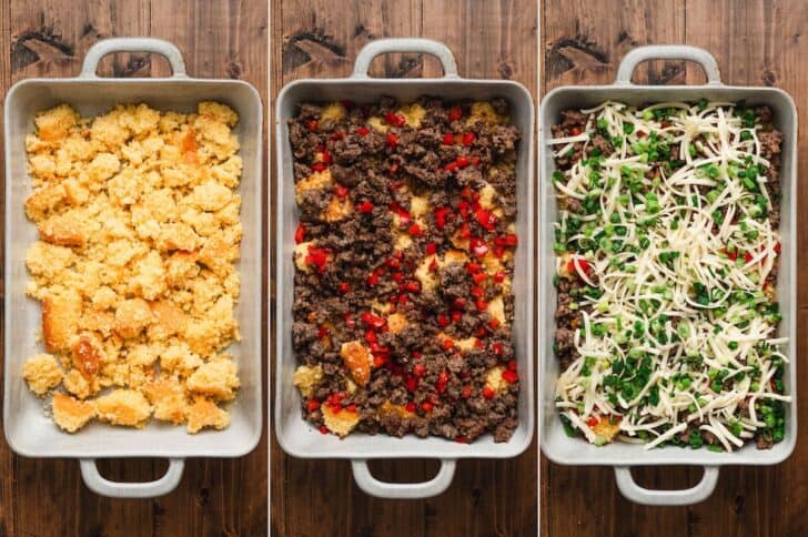 Three photos showing the process of layering a breakfast with cornbread in a baking dish.