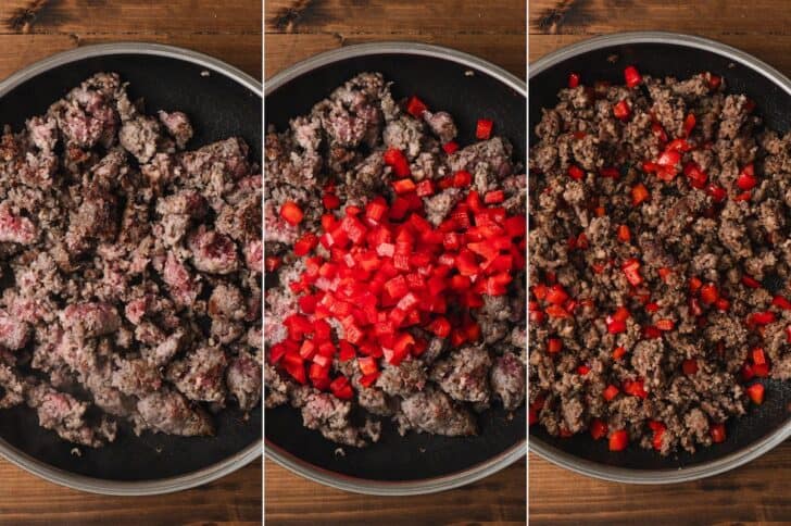 Three images showing the process of cooking ground sausage and red bell pepper in a skillet.