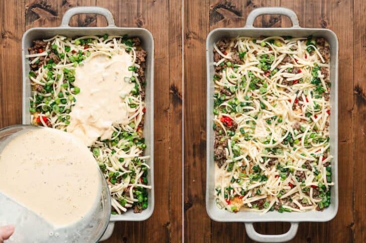 Two photos showing the process of pouring a custard mixture over a casserole in a baking dish.