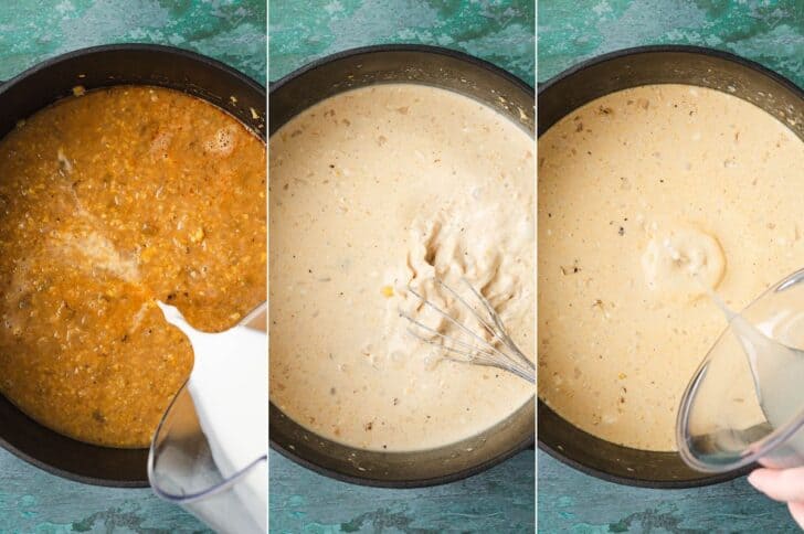 Three photos showing the process of finishing a Mexican corn soup with cream and lime juice.