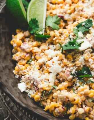 Closeup on a bowl of Mexican corn salad.