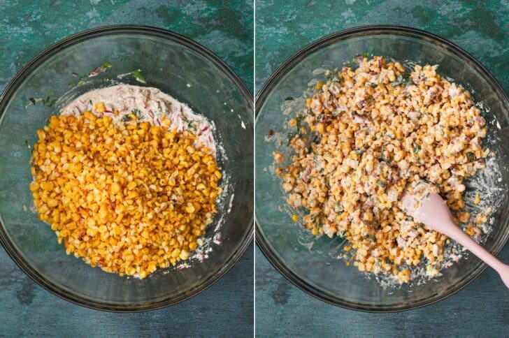 Two photos showing street corn salad before and after the corn and dressing are tossed together.