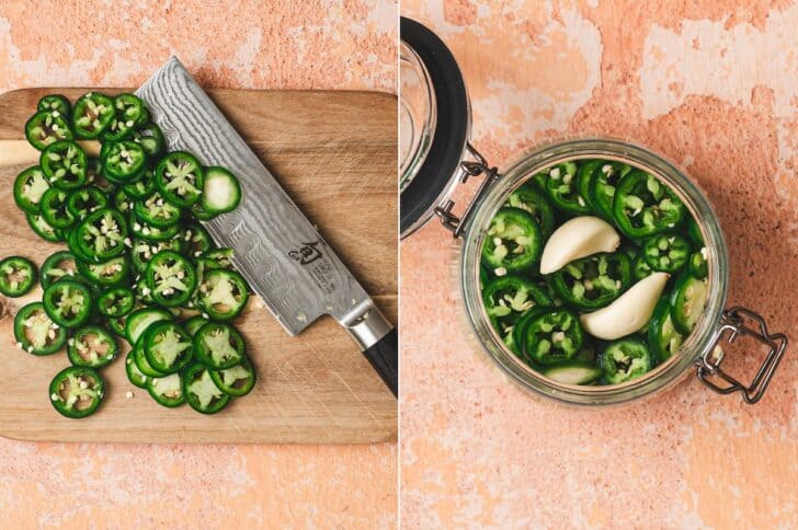 Two photos showing jalapeno peppers being sliced and placed in a glass jar with garlic.