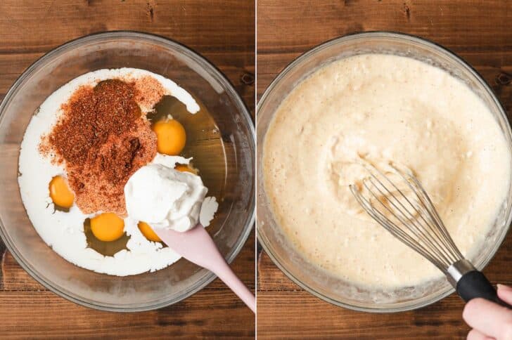 Two images showing eggs, milk and spices before and after whisking in a glass bowl.