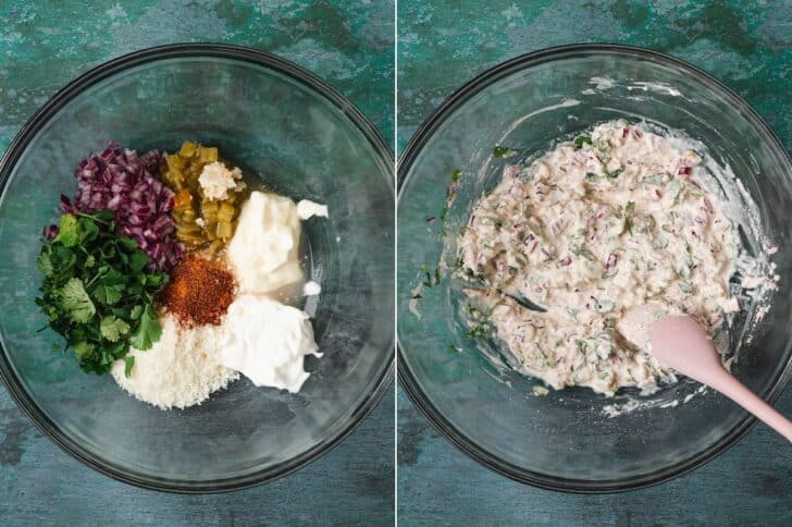 Two photos showing the dressing for elote salad before and after stirring together.