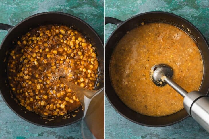 Two photos showing the process of adding broth to a corn soup and then pureeing it with an immersion blender.
